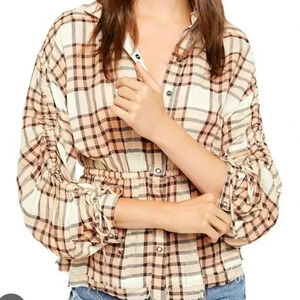 We the free peach tree combo women Plaid Long Sleeve Shirt western Viscose Sz  L